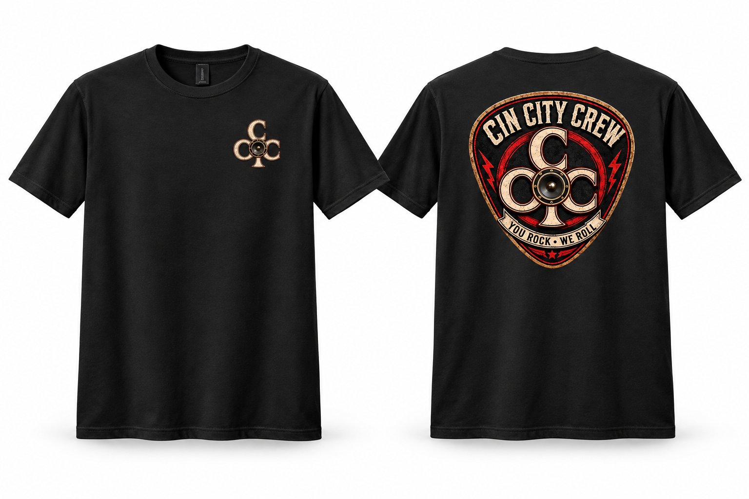 Cin City Crew black T-shirt, front and back